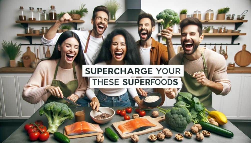 Photo of a diverse group of people joyfully preparing and eating superfoods like broccoli, salmon, and walnuts in a modern kitchen. Their energy and happiness is palpable. Overlay text reads: 'Supercharge Your Life with these Superfoods'.