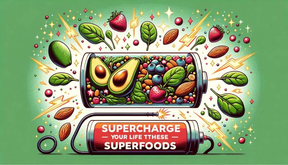 Illustration of a battery being charged with various superfoods like avocados, spinach, and almonds flowing into it. Bright sparks indicate the energy they provide. At the bottom, a bold caption states: 'Supercharge Your Life with these Superfoods'.