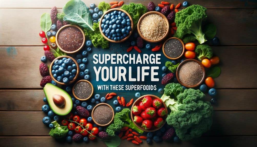 Supercharge Your Life with these Superfoods - Photo of a vibrant, colorful spread of superfoods including blueberries, quinoa, kale, chia seeds, and goji berries on a wooden table. The light shines on them, emphasizing their freshness. A catchy title in bold letters reads: 'Supercharge Your Life with these Superfoods'.
