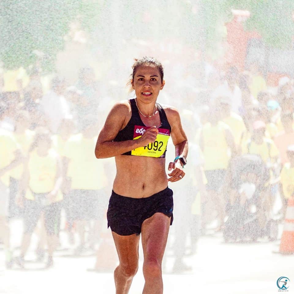 A woman finishing a marathon race
