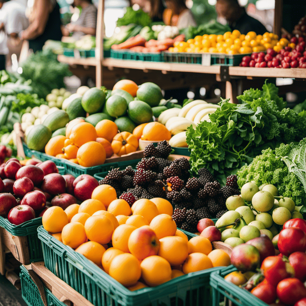 An image showcasing a vibrant, bountiful farmer's market display, overflowing with an array of colorful fruits, vegetables, leafy greens, and herbs