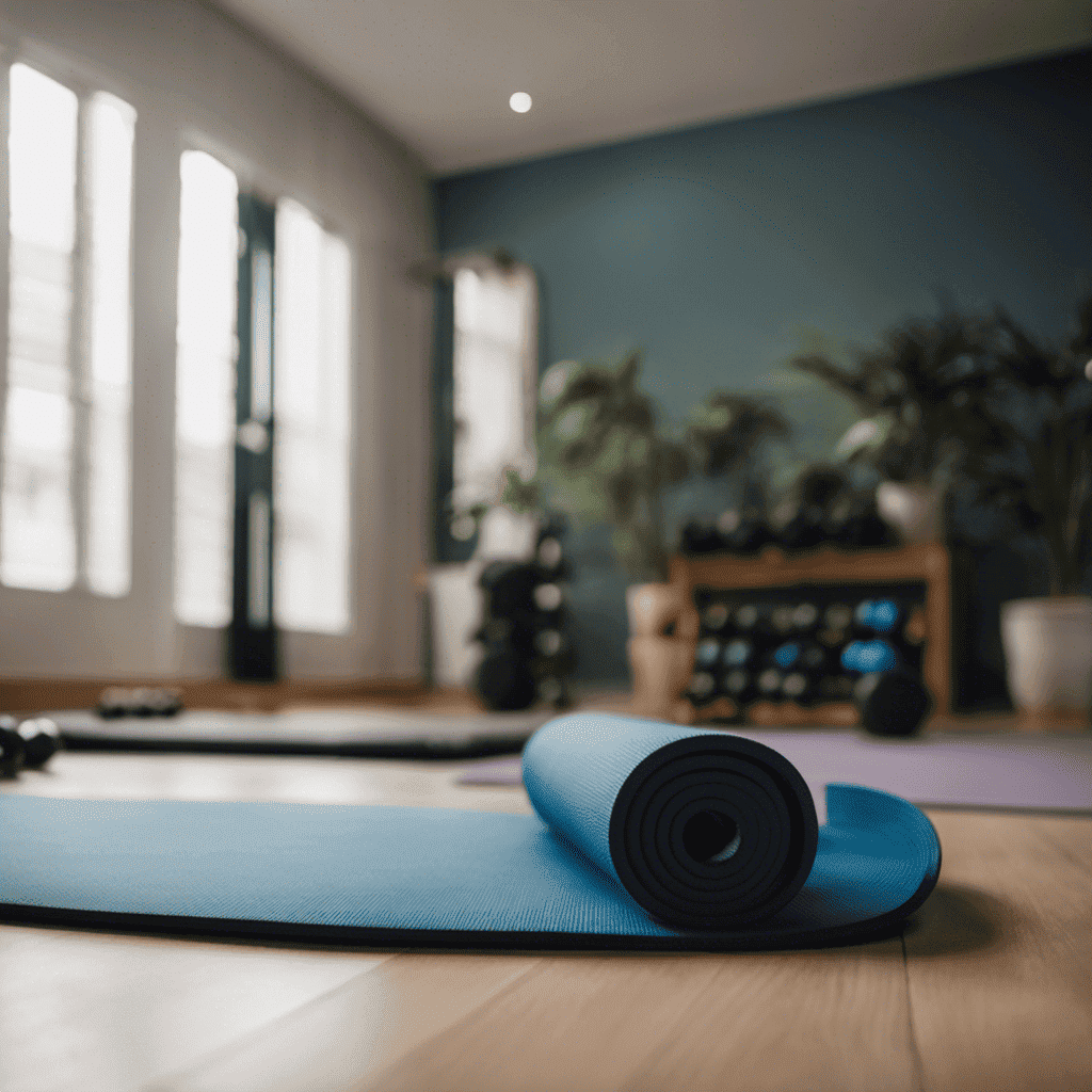 An image of a well-lit room with a yoga mat unrolled on the floor, dumbbells neatly placed nearby, a fitness tracker on a wrist, and a workout plan pinned on the wall