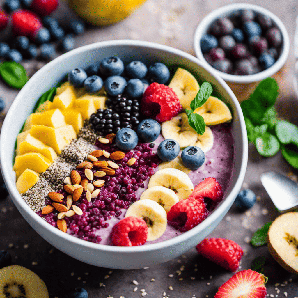 An image showcasing a vibrant smoothie bowl filled with nutrient-rich superfoods like acai berries, chia seeds, spinach, and bananas