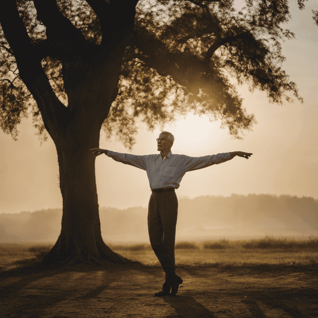 An image showcasing a mature individual standing on one leg, gracefully extending the opposite leg backward, while their outstretched arms form a T-shape