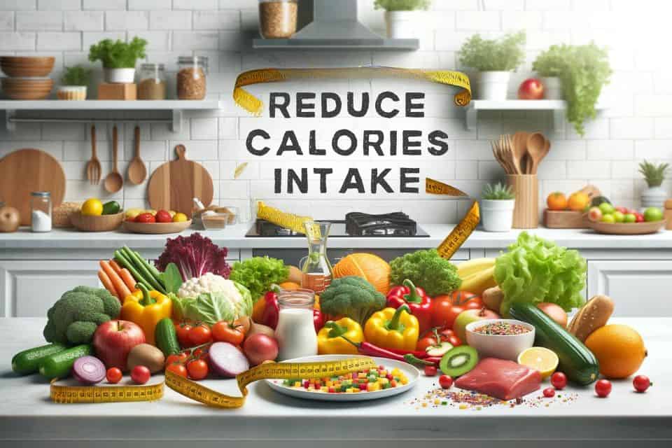 A bright kitchen setting displaying healthy food options on the countertop with a measuring tape wrapped around a plate symbolizing portion control. A transparent banner reads 