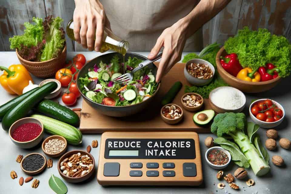 An individual making a salad with various fresh ingredients, pouring a light vinaigrette over the greens. There are bowls of nuts, seeds, and colorful veggies nearby, with a digital scale emphasizing portion control.