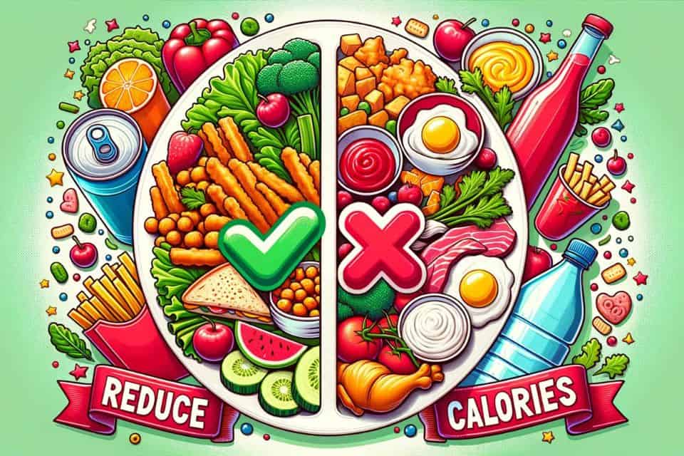 A split plate illustration: one side filled with unhealthy foods and the other with healthy options. A green checkmark is over the healthy side, while a red cross is on the unhealthy side, with the phrase "Reduce Calories Intake" above.