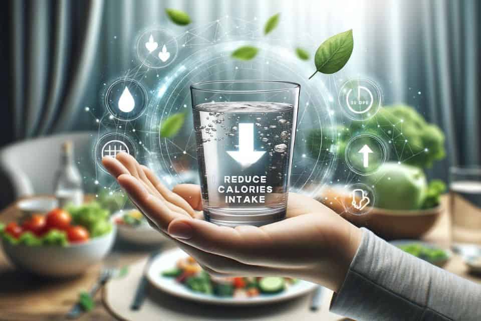 A hand holding a transparent glass filled with water, with a blurred background of a dining table set with healthy dishes. Icons float around the glass, and the phrase "Reduce Calories Intake" stands out at the top.