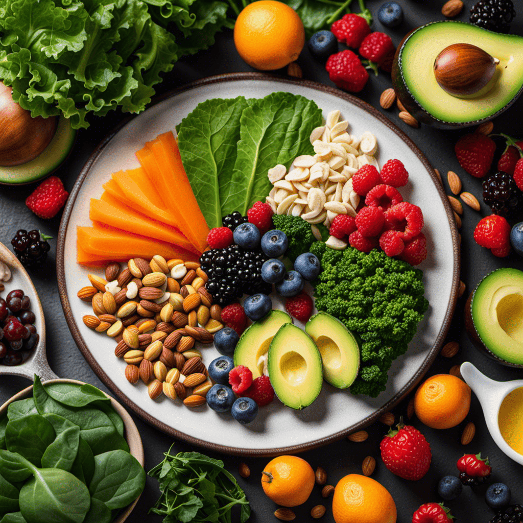 An image of a vibrant, colorful plate filled with brain-boosting foods like leafy greens, fatty fish, nuts, berries, and avocado
