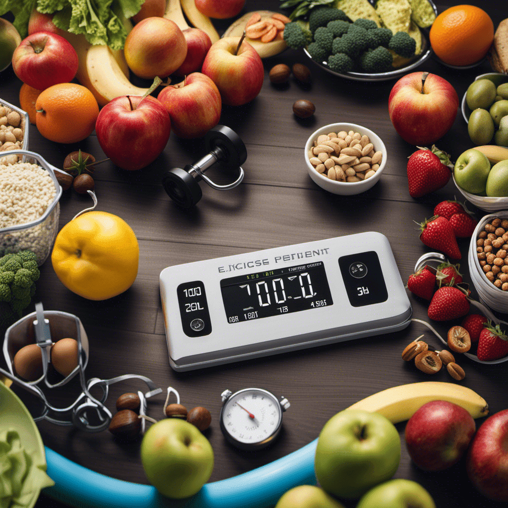 An image showcasing a scale surrounded by various representations of lifestyle factors such as exercise equipment, healthy food, sleep patterns, stress management tools, and genetics, illustrating the diverse factors influencing ideal body weight