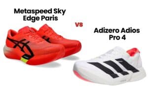 Adizero Adios Pro 4 (Adidas) vs. Metaspeed Sky Edge Paris (Asics) running shoes comparison.