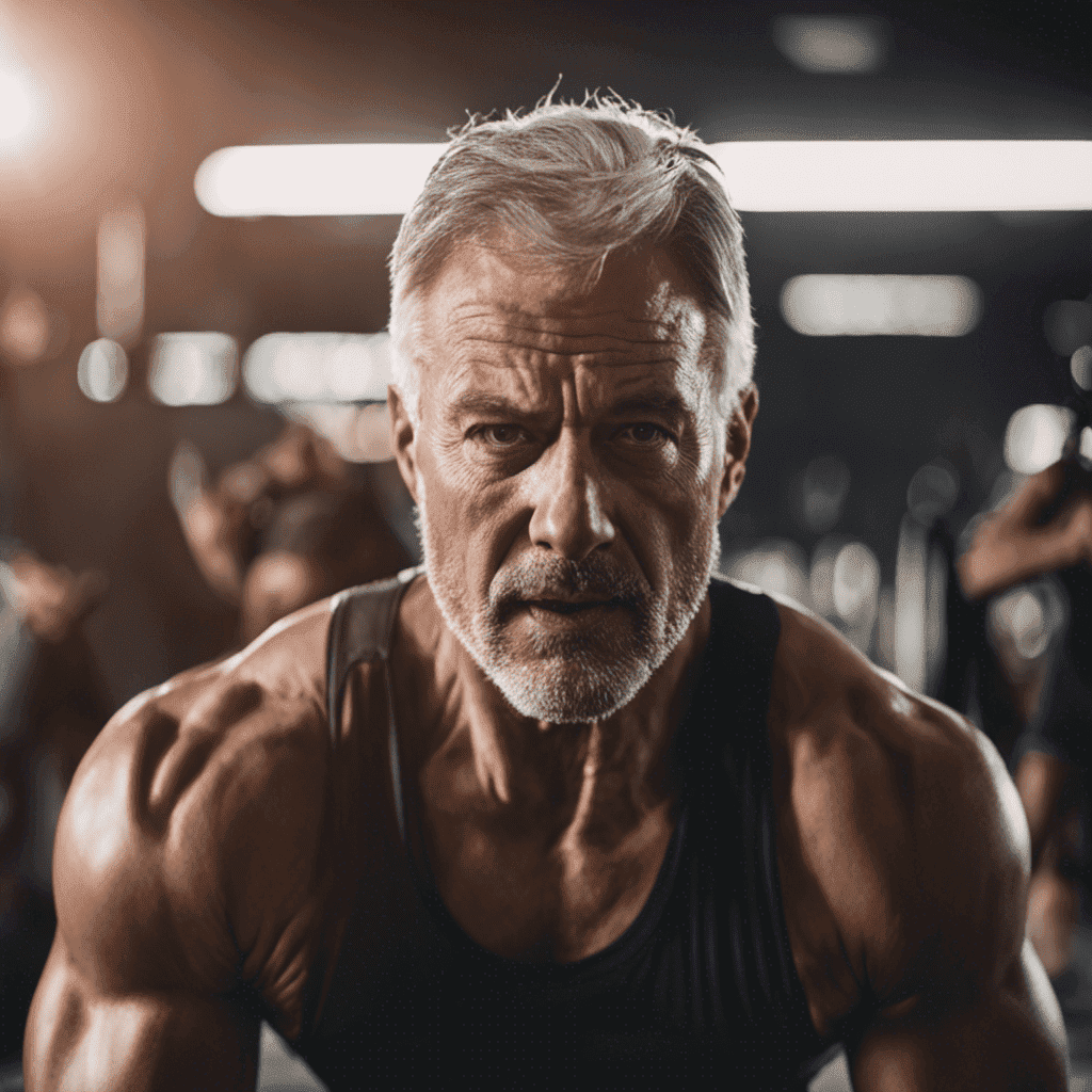 Create an image showcasing a middle-aged man passionately engaging in a challenging HIIT workout, sweat glistening on his forehead as he pushes through intense interval exercises, surrounded by modern gym equipment and motivating atmosphere