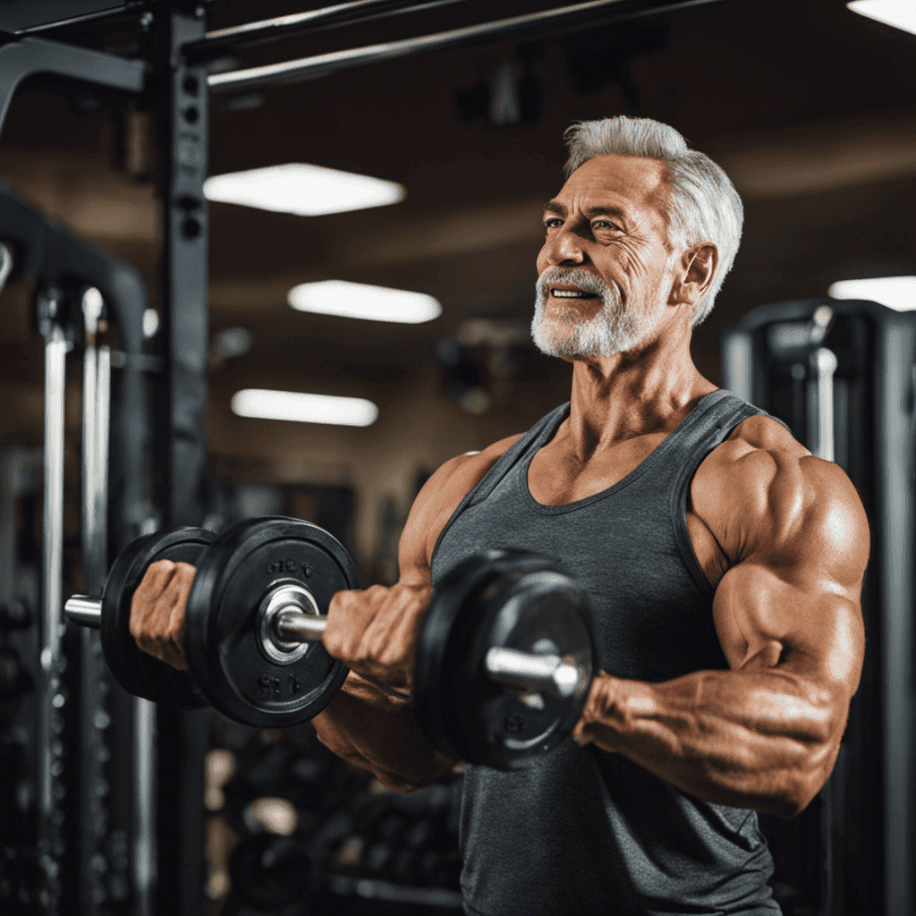 An image showcasing a mature man confidently lifting weights, surrounded by state-of-the-art gym equipment