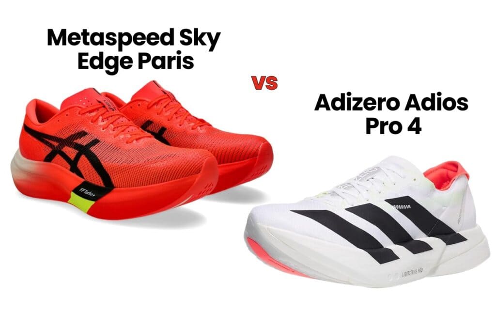 Adizero Adios Pro 4 (Adidas) vs. Metaspeed Sky Edge Paris (Asics) running shoes comparison.