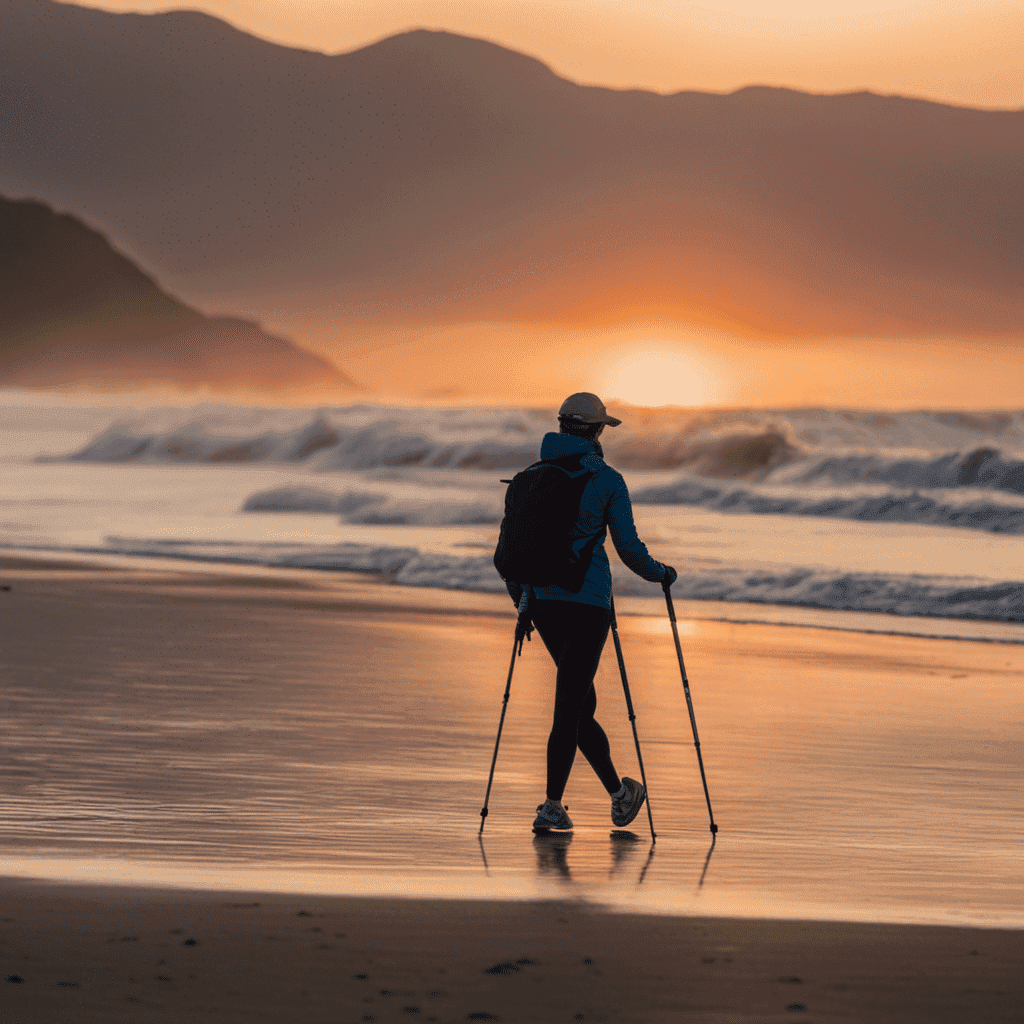 An image capturing a picturesque sunset beach scene with a person power walking along the shoreline, clad in athletic attire, using Nordic walking poles, and surrounded by a serene landscape