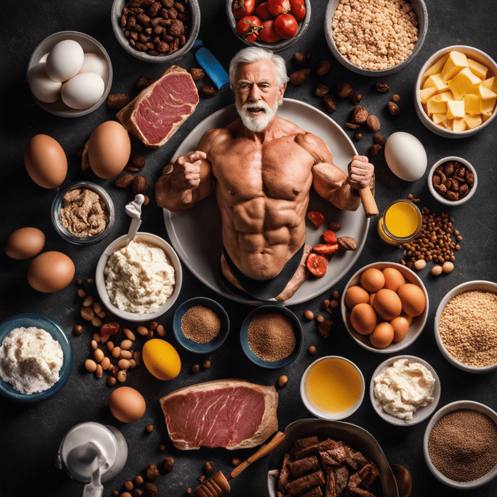 An image showcasing a fit senior lifting weights surrounded by a diverse range of protein-rich foods like lean meats, dairy products, and eggs, emphasizing a scoop of whey protein powder as the central element