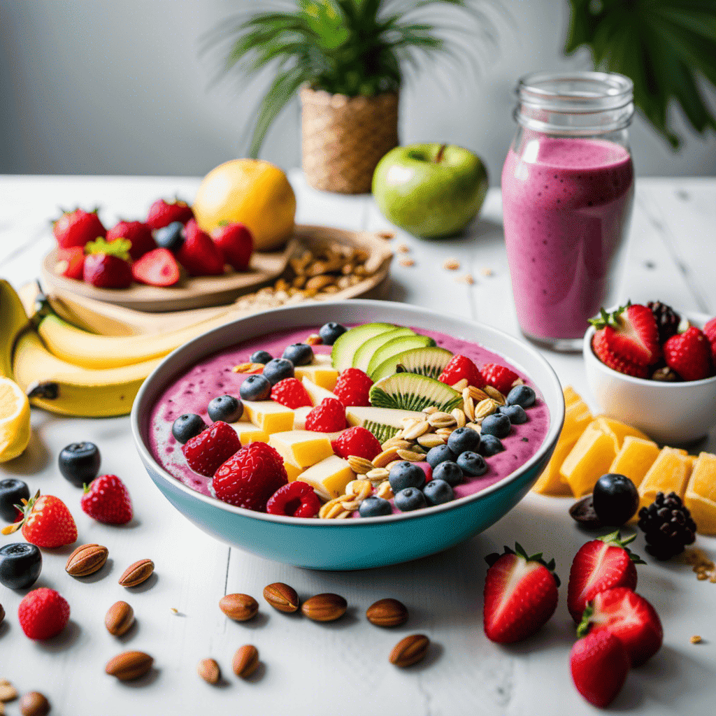 An image depicting a vibrant, colorful smoothie bowl with fresh fruits, nuts, and seeds on top, accompanied by a protein shake with a shaker bottle and weights in the background