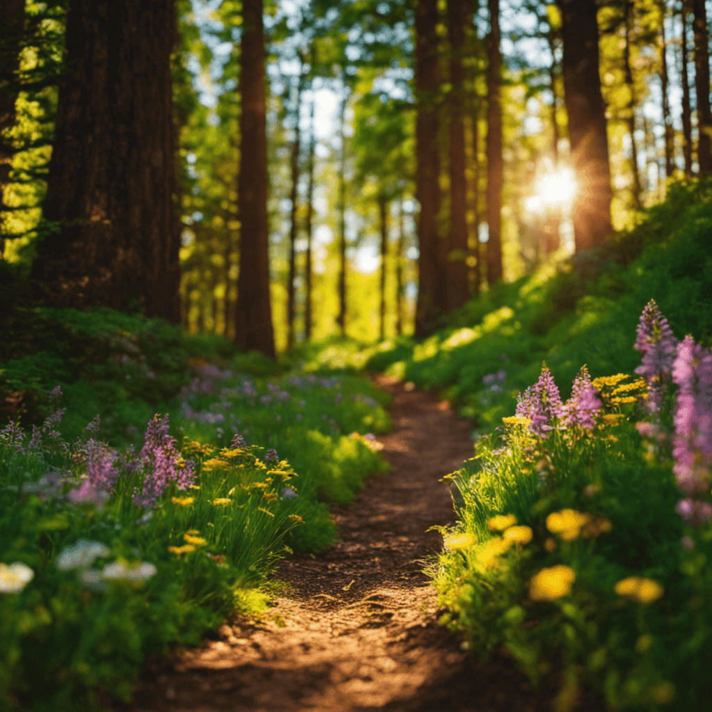 An image depicting a serene mountain trail, bathed in warm sunlight as hikers traverse verdant forests