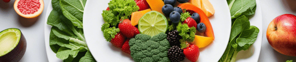 An image showcasing a brightly colored plate filled with nutrient-rich foods like leafy greens, lean proteins, and colorful fruits, while a measuring tape wraps around the plate, symbolizing the journey towards effective weight loss