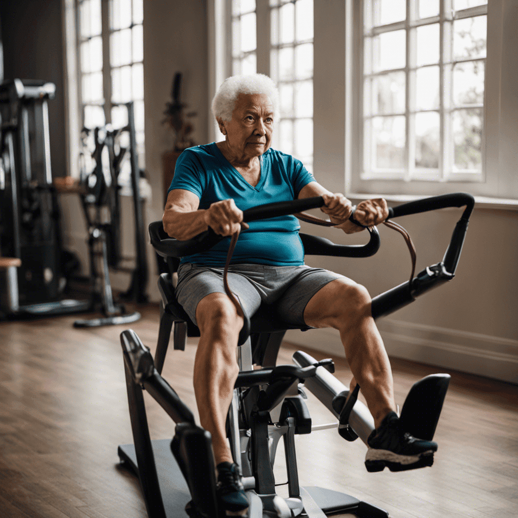 An image of an older adult sitting in a sturdy chair, holding resistance bands with a focused expression