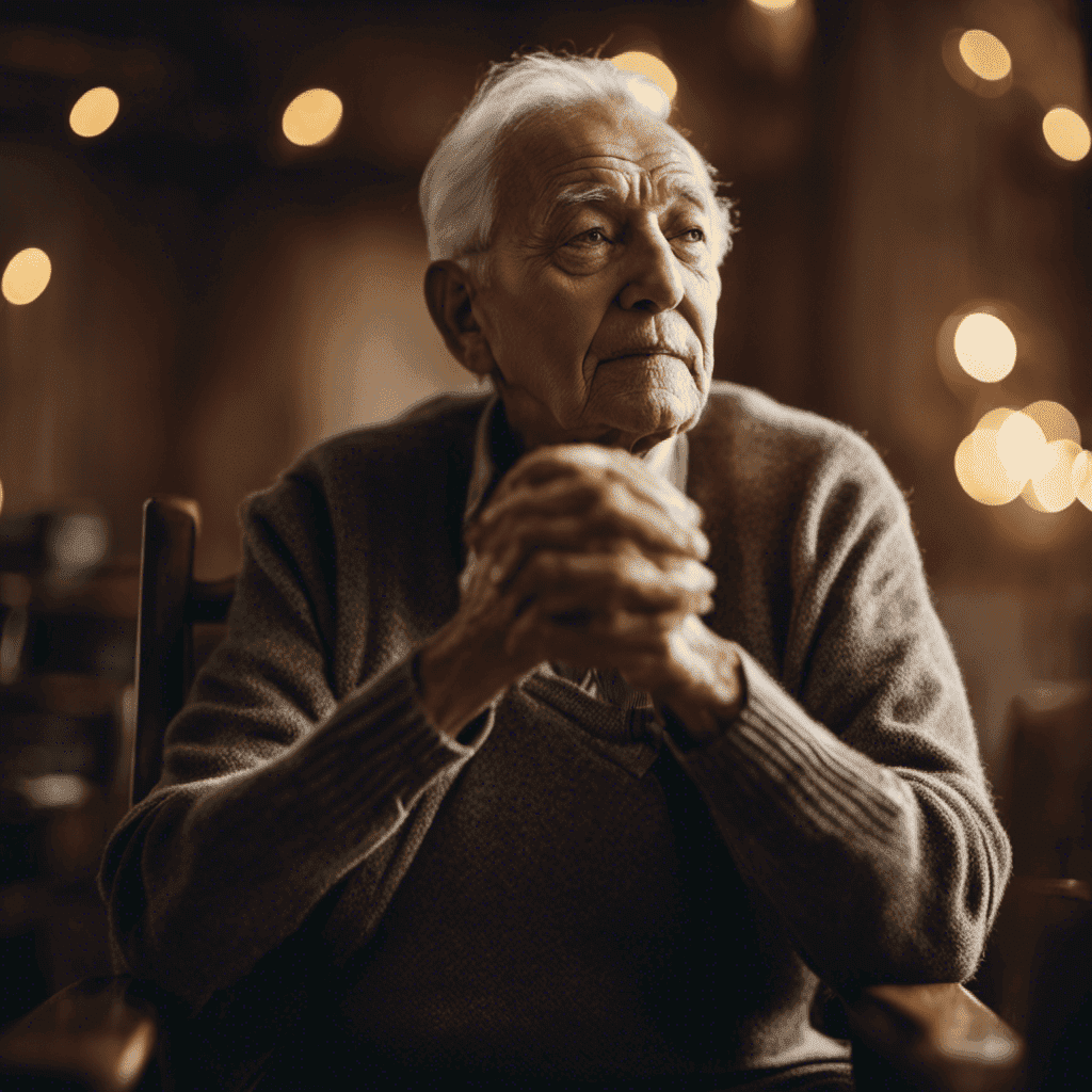 An image showcasing an older adult seated on a chair, gently stretching their hands towards the ceiling, their face reflecting relief as their arthritic pain seems to dissipate