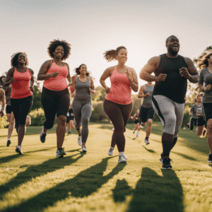 An image illustrating a diverse group of people engaging in various physical activities, showcasing the beauty of different body shapes and sizes