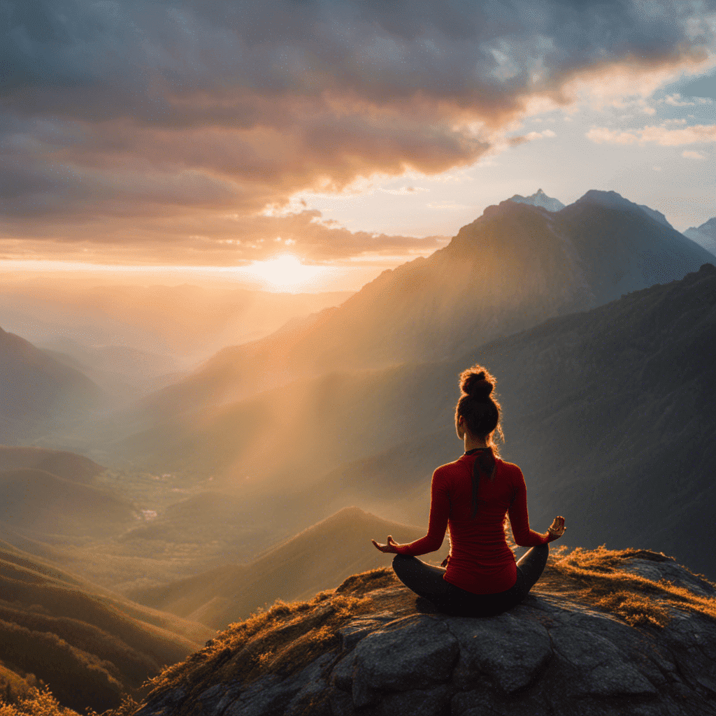 An image showcasing a serene sunrise on a mountaintop, with a solitary figure practicing yoga amidst the tranquility