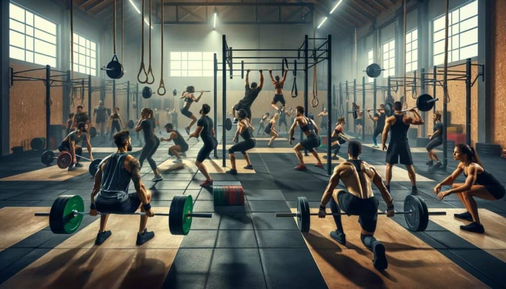A dynamic and energetic scene of a CrossFit workout with a diverse group of athletes (men and women of various descents) engaging in high-intensity functional movements like lifting, jumping, and pushing. The setting is a well-equipped CrossFit gym, showcasing a range of equipment such as barbells, dumbbells, and ropes. The focus is on the intensity and variety of the exercises, highlighting the community aspect and inclusivity of CrossFit
