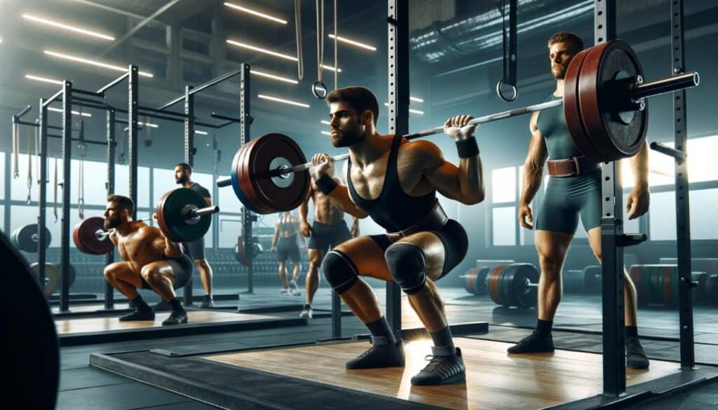 A focused and intense powerlifting scene with athletes (men and women of different descents) performing the three main lifts: squat, bench press, and deadlift. The setting is a powerlifting gym with specialized equipment like squat racks, bench presses, and deadlift platforms. The image should capture the essence of strength and discipline in powerlifting, showcasing the athletes' dedication to achieving maximum strength in the lifts. Crossfit vs Powerlifting Which One's Right for You?