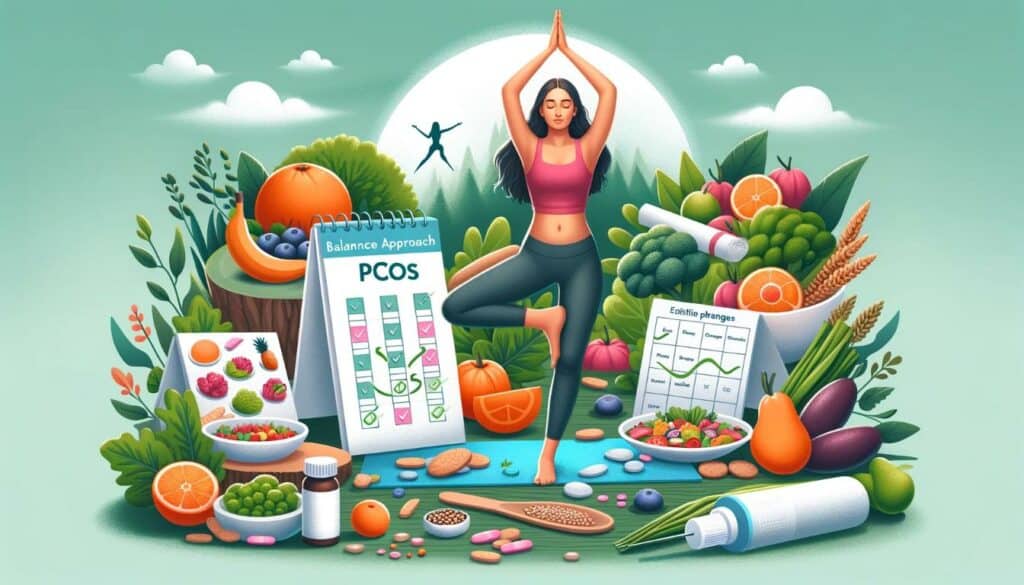 An illustration shows a woman practicing yoga surrounded by healthy foods, a calendar with a balanced meal plan and exercise schedule, and a bottle of medication. This emphasizes the holistic approach to managing PCOS.