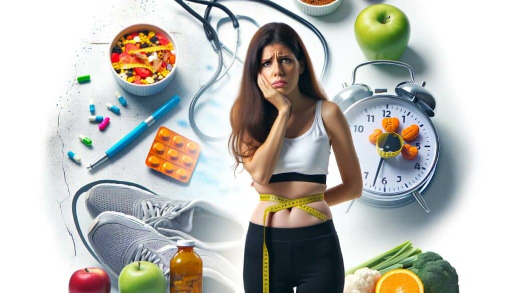 Understanding Your PCOS Belly Shape - Tips & Insights - A woman looking concerned while measuring her abdomen with a tape measure, symbolizing the struggle with PCOS belly. The background shows a mix of healthy foods, a pair of running shoes, and medication, representing the challenges of managing abdominal weight gain due to PCOS despite traditional weight loss methods. The image conveys a sense of frustration and determination in dealing with the unique challenges of PCOS.