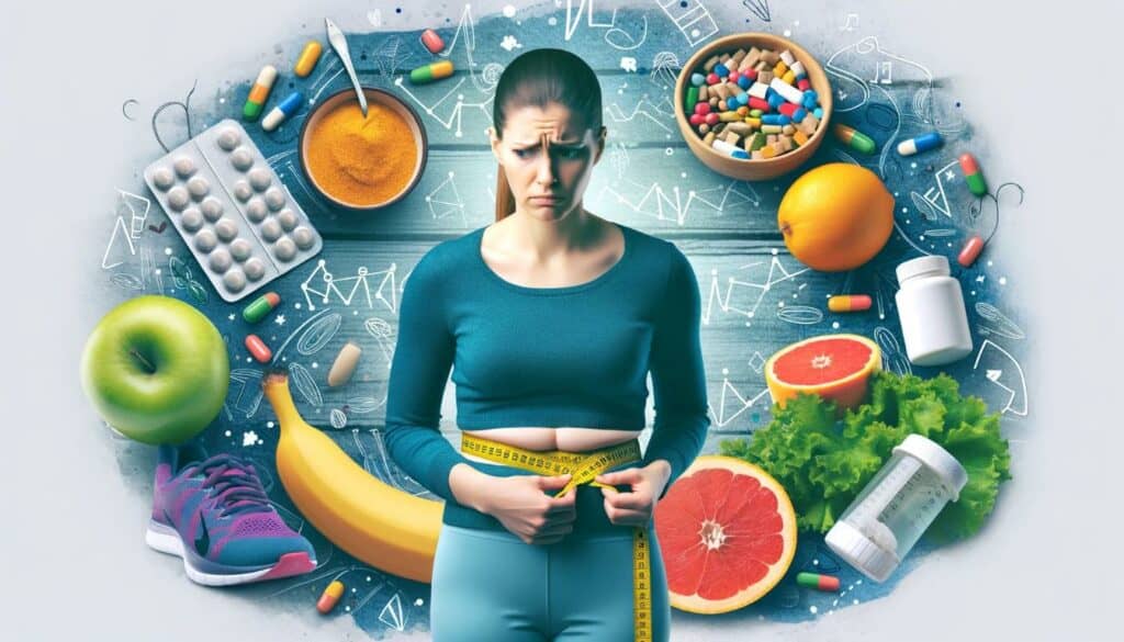 The image shows a concerned woman measuring her abdomen with a tape measure, representing the struggle with PCOS belly. The background includes healthy foods, running shoes, and medication, symbolizing the challenges of managing abdominal weight gain due to PCOS. It conveys frustration and determination in dealing with the unique challenges of PCOS.