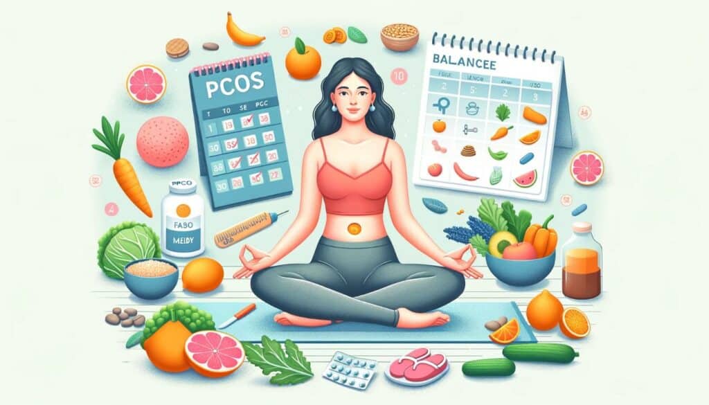 An illustration showing a balanced approach to managing PCOS belly. The image features a woman practicing yoga in a serene setting, surrounded by healthy foods like fruits, vegetables, and whole grains. Beside her, there's a calendar with a balanced meal plan and exercise schedule, and a bottle of medication. This scene emphasizes the holistic approach to managing PCOS, integrating lifestyle changes, dietary adjustments, and medication.