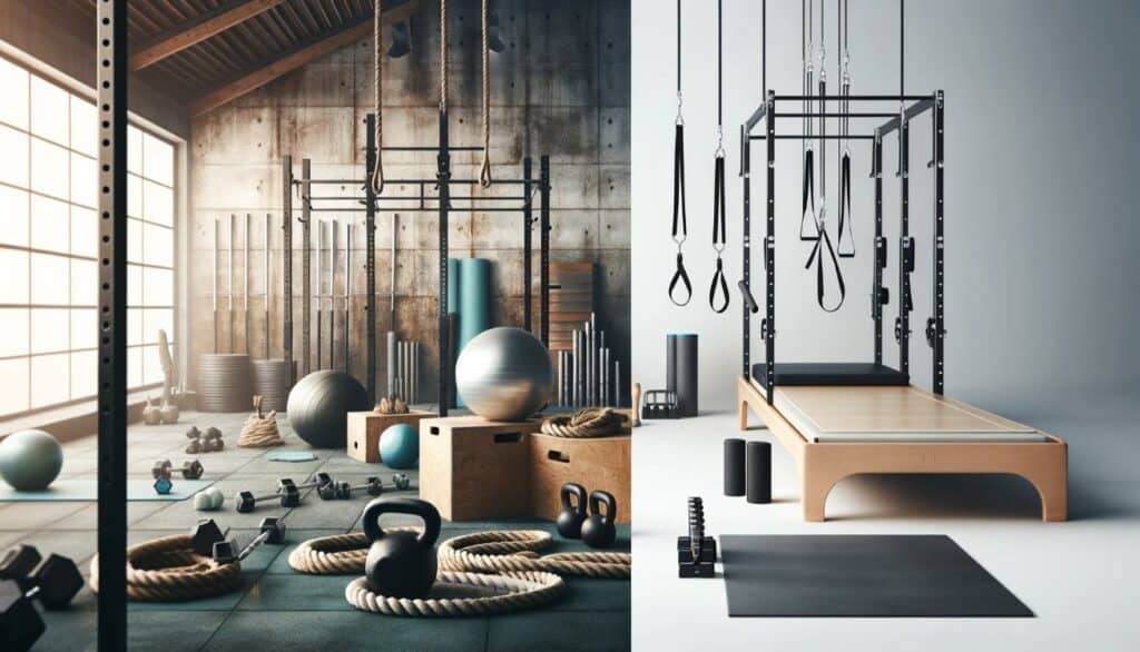 Equipment Contrast: This image compares the fitness equipment used in CrossFit and Pilates. The rugged CrossFit gym setting with barbells and kettlebells contrasts with the minimalist Pilates studio, showcasing their different tools.