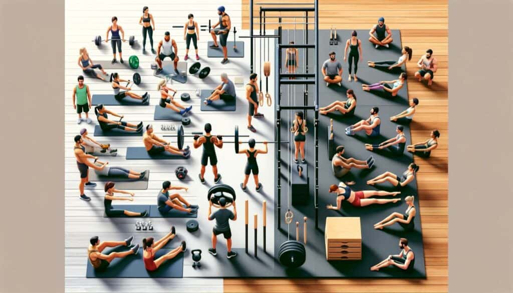 Group Fitness Diversity: This image depicts a group fitness class, showing diverse participants engaging in CrossFit and Pilates exercises. The community aspect and inclusivity of both fitness styles are highlighted.