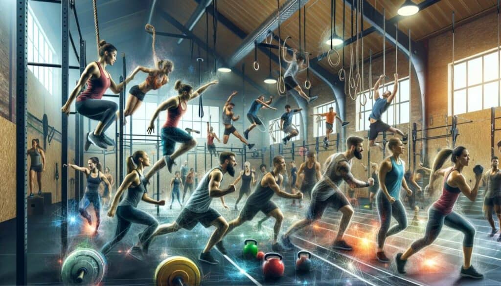 An engaging scene representing CrossFit training, featuring a diverse group of people engaged in high-intensity interval training activities like weightlifting, gymnastics, and running. The atmosphere is energetic, with a sense of community and support. The background shows a CrossFit gym with various equipment like kettlebells, ropes, and barbells. The image captures the essence of CrossFit's varied workouts, functional movements, and strong sense of community. CrossFit or Weight Training Which Is Right for You?
