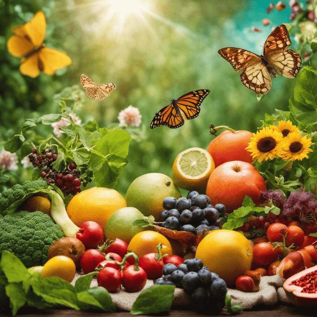 An image featuring a radiant, vibrant garden with various fruits, vegetables, and herbs, surrounded by a diverse ecosystem of butterflies, bees, and birds, symbolizing the profound link between gut health and overall wellbeing