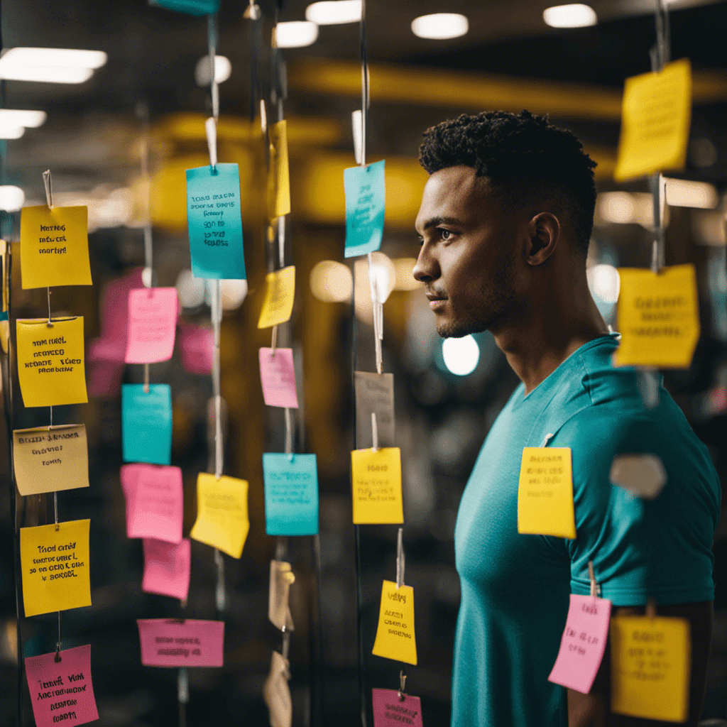 An image showcasing a determined individual in a gym, gazing intently at their reflection in the mirror with a confident smile, surrounded by motivational quotes and affirmations written on colorful sticky notes