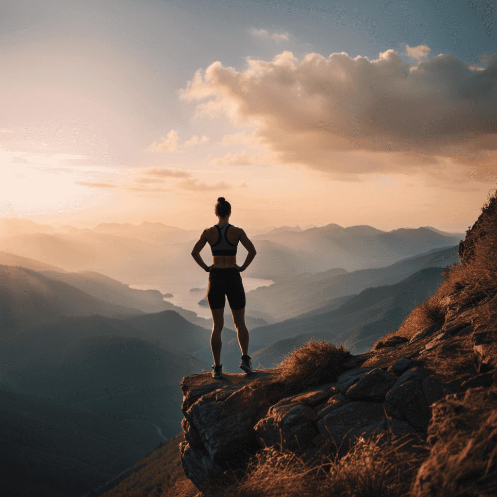 An image featuring a person in workout attire, standing at the edge of a mountain cliff, gazing towards a breathtaking sunrise, radiating determination, as their shadow reflects a fit and strong physique