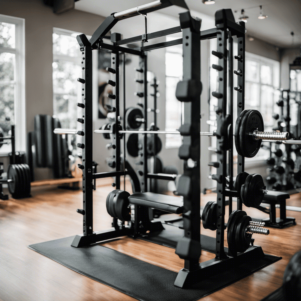 An image showcasing a well-organized home gym with a sturdy power rack, Olympic barbell, weight plates neatly stacked on a plate tree, and a weight bench, highlighting the essential equipment for an effective barbell-based strength training routine