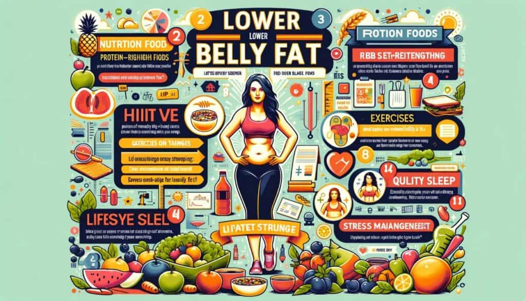 infographic focuses on effective strategies for losing lower belly fat, including nutrition tips, exercises, and lifestyle changes.