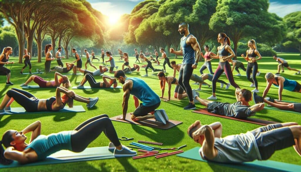 The image depicts a diverse group of people engaged in an outdoor group fitness class, focusing on abdominal workouts. The setting is a lush green park, creating a vibrant and motivating atmosphere for exercise.