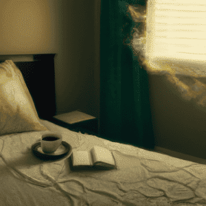 An image capturing the serene essence of a tranquil bedroom at sunrise, with soft rays of light streaming through sheer curtains, illuminating a neatly arranged meditation cushion, a steaming cup of herbal tea, and a journal inviting self-reflection