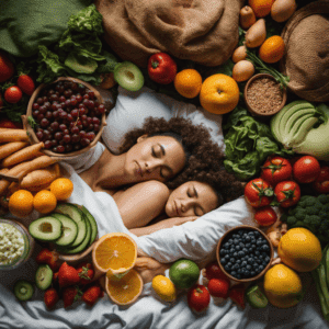 An image showing a person sleeping soundly on a comfortable bed, surrounded by various healthy food items, highlighting the connection between quality sleep and effective weight loss