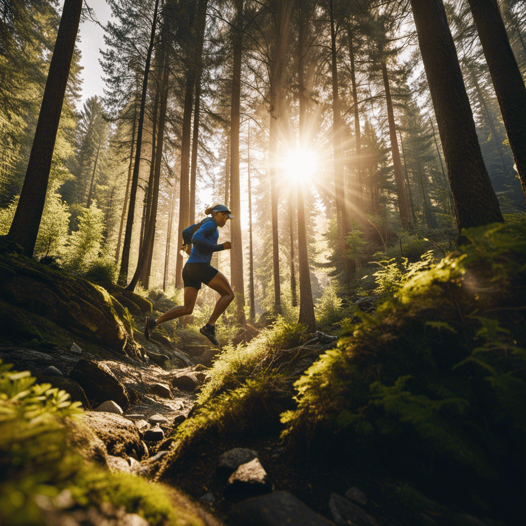 the essence of trail running: a lone runner, drenched in sweat, navigating through a dense forest of towering pines, leaping over rocks and streams, with rays of sunlight piercing through the dense foliage