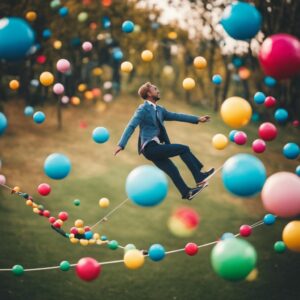 an image of a person effortlessly juggling multiple colorful balls representing work, family, hobbies, and social life, while gracefully balancing on a tightrope that symbolizes the importance of prioritizing health in a busy life