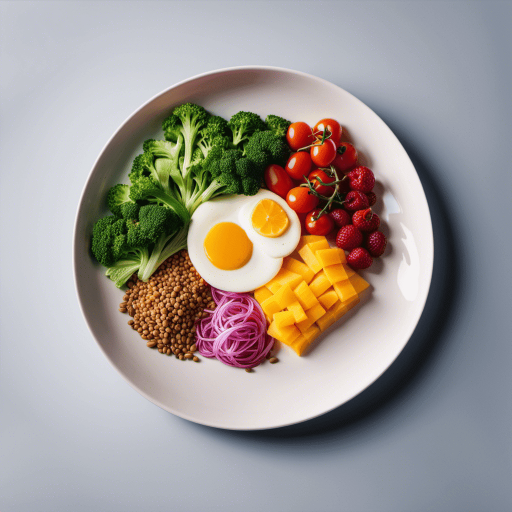 An image showcasing a colorful, well-balanced plate of food, with portion sizes clearly depicted