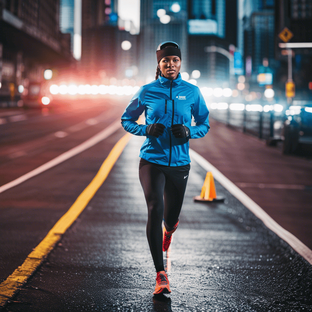 An image featuring a runner in vibrant athletic attire, confidently wearing reflective gear, a helmet, and knee pads, while crossing a well-lit pedestrian path with caution signs and a first aid kit in the background