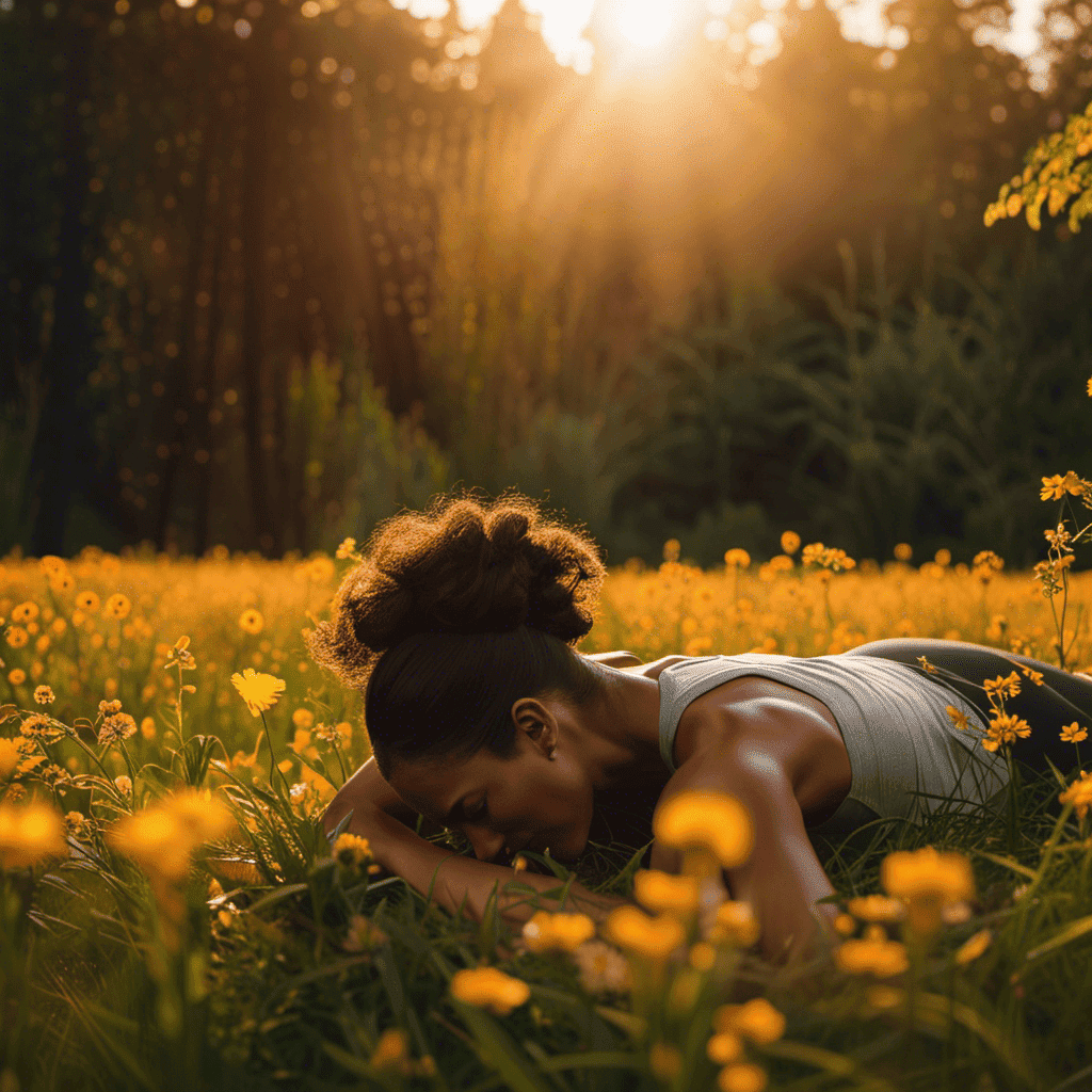 An image depicting a runner, drenched in sweat, lying on a grassy field, surrounded by vibrant flowers and tall trees