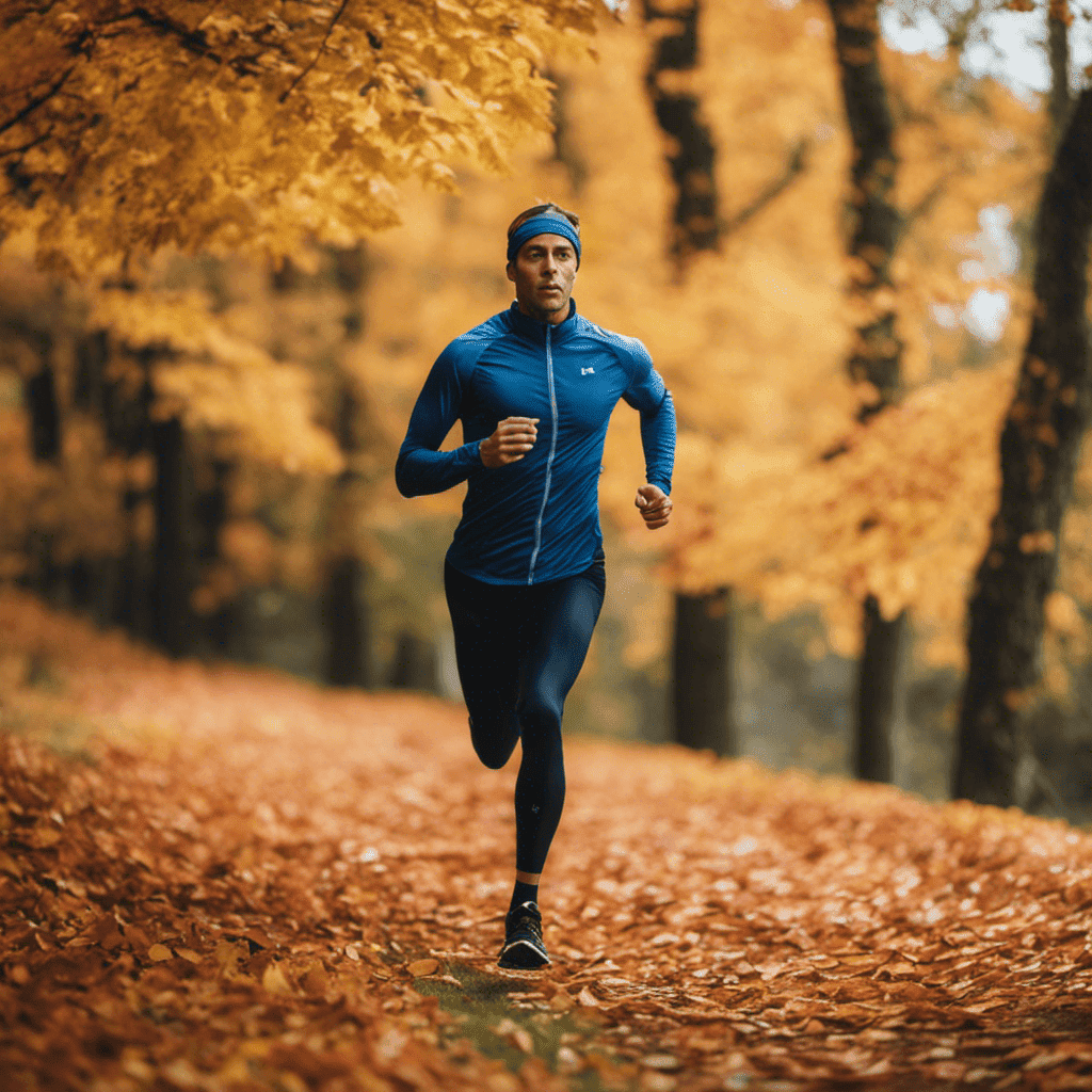 a serene landscape of a runner in motion, effortlessly gliding along a scenic track with vibrant autumn leaves falling around them
